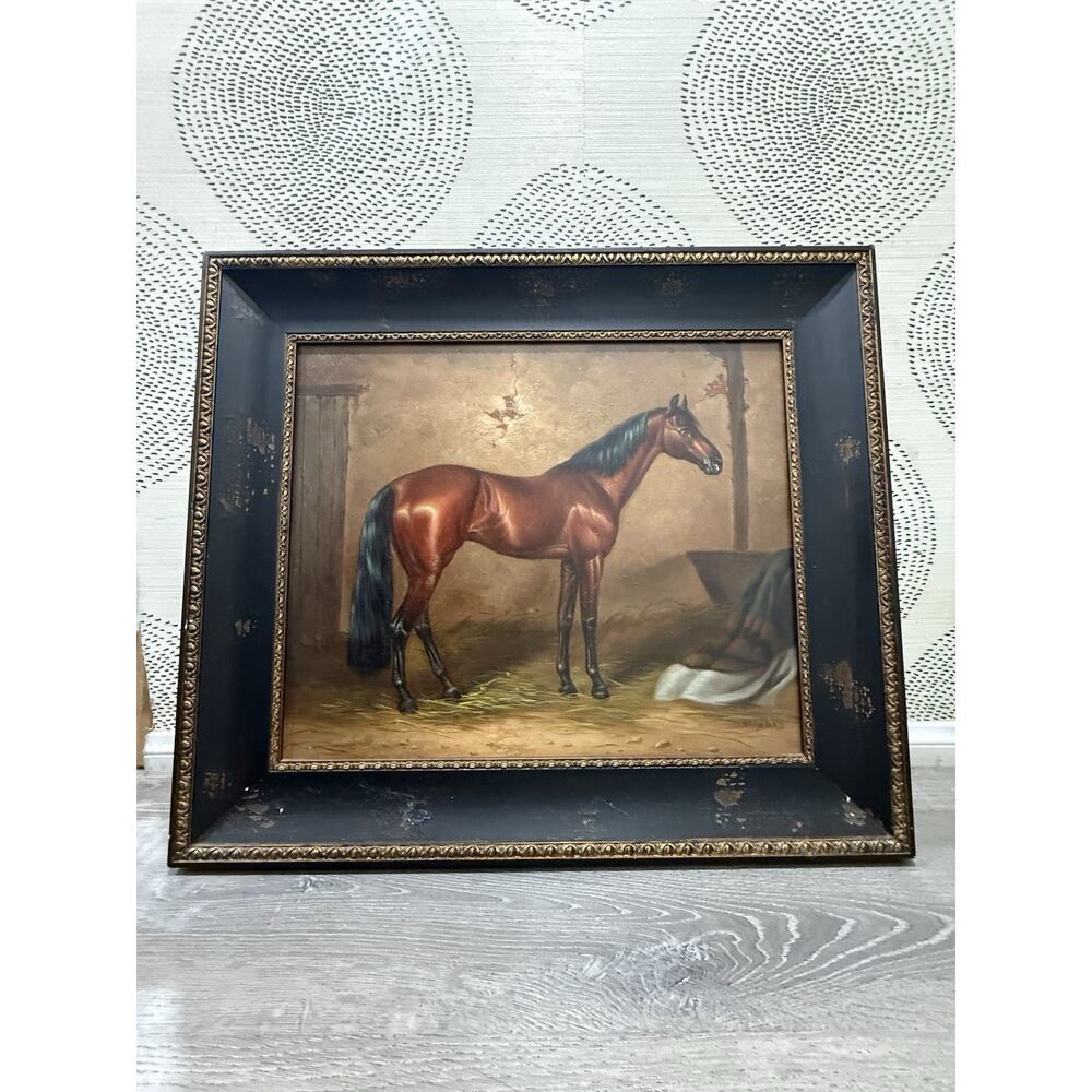 Dream-art animal red horse in stable Beautiful frame Print W/ Texture 31”X27”X2”